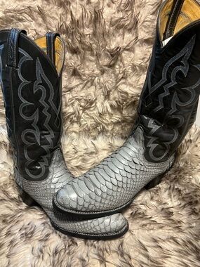 TONY LAMA BLK LABEL Men's Gray Exotic PYTHON & Leather Western Boot-Sz 8.5 D